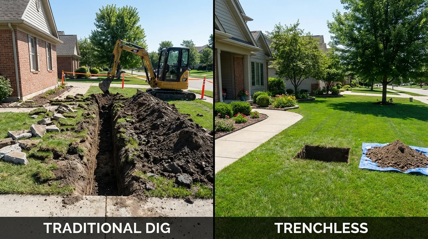 Trenchless sewer repair with minimal yard damage versus traditional excavation in Fulton, IL