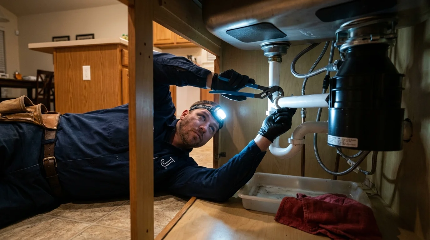 P-trap and supply line connections under a kitchen sink showing a common leak point in Fulton, IL